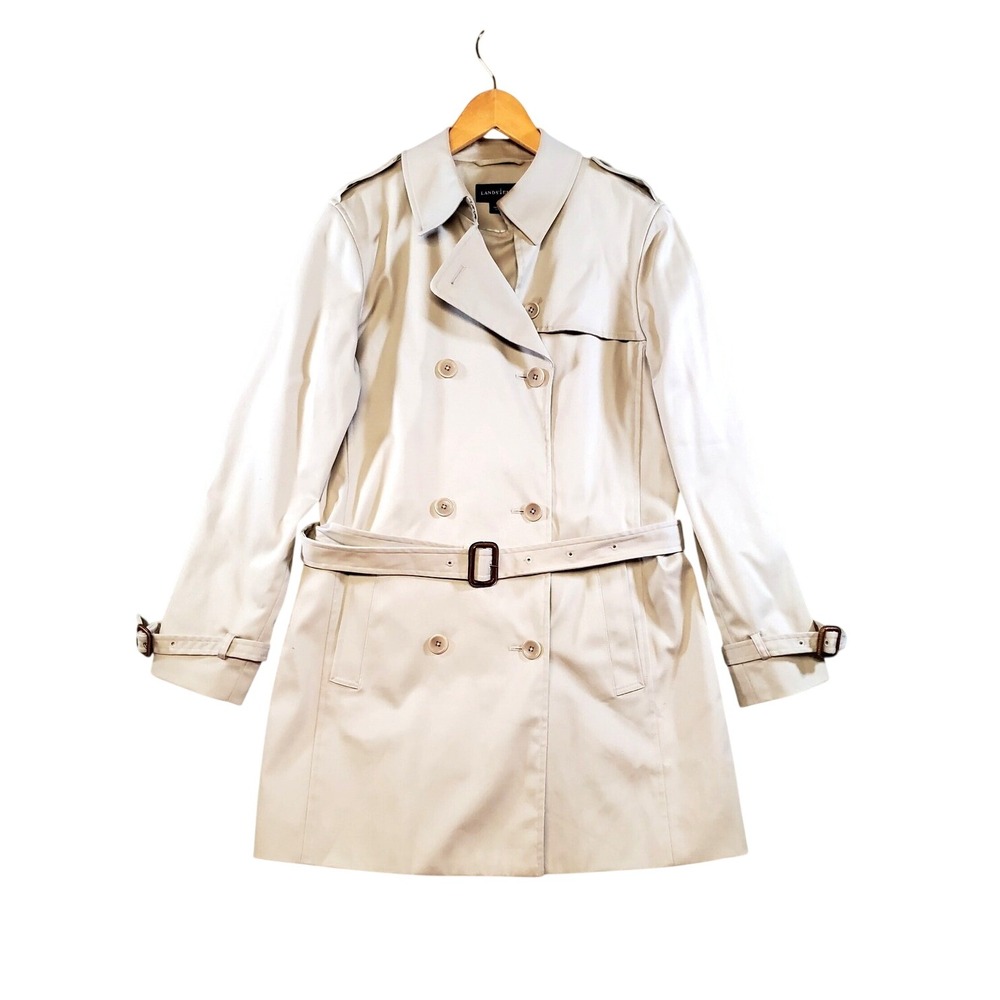 Lands End Womens Stone Beige Double Breasted Belted Trench Coat Size 8 Striped